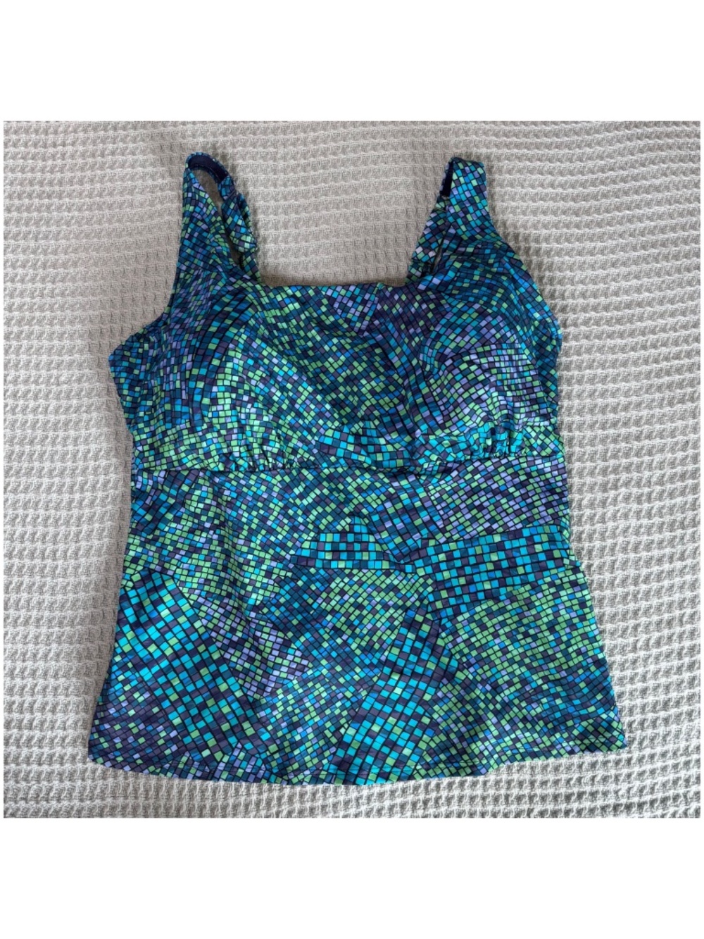 NEW Lands End Square Neck Tankini Swim Top Womens 16W G Navy Green Geometric